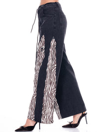 WOMEN'S BUTTON CLOSURE POCKETS WIDE LEG PRINT DENIM PANTS