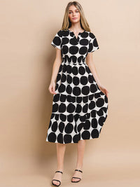 WOMEN'S SHORT SLEEVE V-NECK SMOCK WAIST MIDI DRESS