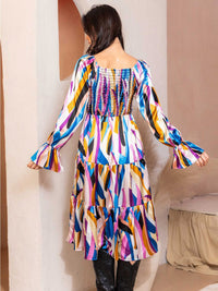 WOMEN'S OFF SHOULDER LONG SLEEVE SMOCK FRONT POCKETS TIERED MIDI DRESS