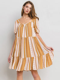 WOMEN'S SHORT SLEEVE TIERED FRONT POCKETS MULTI PRINT TUNIC MINI DRESS