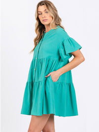 WOMEN'S SHORT SLEEVE BUTTON UP TIERED POCKETS TUNIC MINI DRESS