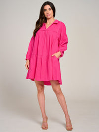 WOMEN'S LONG SLEEVE V-NECK FRONT POCKETS TIERED MIDI DRESS
