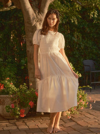 WOMEN'S SHORT PUFF SLEEVE SMOCK POCKETS TIERED MAXI DRESS