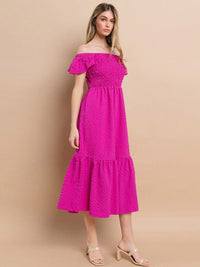 WOMEN'S SHORT SLEEVE SQUARE NECK RUCHED POCKETS TIERED MIDI DRESS