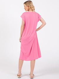 WOMEN'S SHORT SLEEVE V-NECK FRONT POCKETS SLIT MIDI DRESS