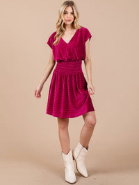 WOMEN'S SHORT SLEEVE V-NECK SMOCK WAIST VELVET MINI DRESS