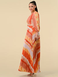 WOMEN'S LONG SLEEVES SQUARE NECK PLEATED MULTI PRINT BELT MAXI DRESS