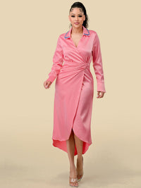 WOMEN'S LONG SLEEVES STUDS NECK DETAILED HIGH-LOW WRAP MIDI DRESS
