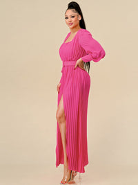 WOMEN'S LONG SLEEVES SQUARE NECK FRONT SLIT PLEATED BELT MAXI DRESS