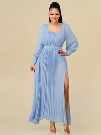 WOMEN'S LONG SLEEVES SQUARE NECK FRONT SLIT PLEATED BELT MAXI DRESS