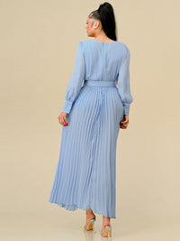 WOMEN'S LONG SLEEVES SQUARE NECK FRONT SLIT PLEATED BELT MAXI DRESS