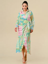 WOMEN'S LONG SLEEVES HIGH-LOW MULTI PRINT WRAP MAXI DRESS