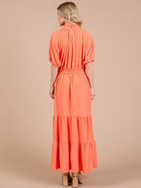 WOMEN'S SHORT SLEEVE ELASTIC WAIST MOCK NECK MAXI DRESS