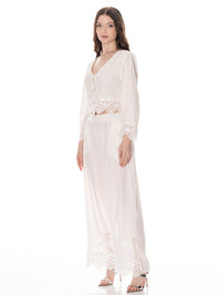 ********WOMEN'S LONG SLEEVE BUTTON UP BLOUSE & ELASTIC WAIST WIDE LEG PANTS CROCHET DETAILED 2PC. SET