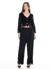 ********WOMEN'S LONG SLEEVE BUTTON UP BLOUSE & ELASTIC WAIST WIDE LEG PANTS CROCHET DETAILED 2PC. SET
