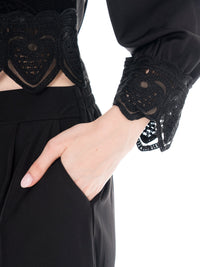 ********WOMEN'S LONG SLEEVE BUTTON UP BLOUSE & ELASTIC WAIST WIDE LEG PANTS CROCHET DETAILED 2PC. SET