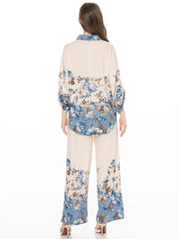 *****PLUS SIZE 3/4 SLEEVE BUTTON UP BLOUSE & ELASTIC WAIST WIDE LEG PANTS FLORAL 2PC. SET