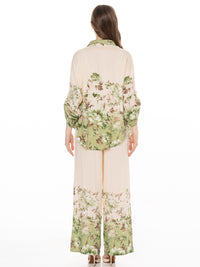 *****PLUS SIZE 3/4 SLEEVE BUTTON UP BLOUSE & ELASTIC WAIST WIDE LEG PANTS FLORAL 2PC. SET