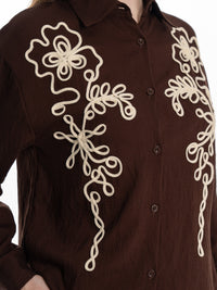 WOMEN'S LONG SLEEVE BUTTON UP BLOUSE & ELASTIC WAIST WIDE LEG PANTS EMBROIDERY DETAILED 2PC. SET