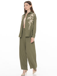 WOMEN'S LONG SLEEVE BUTTON UP BLOUSE & ELASTIC WAIST WIDE LEG PANTS EMBROIDERY DETAILED 2PC. SET