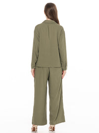 WOMEN'S LONG SLEEVE BUTTON UP BLOUSE & ELASTIC WAIST WIDE LEG PANTS EMBROIDERY DETAILED 2PC. SET