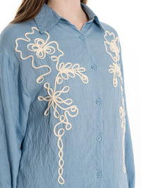 WOMEN'S LONG SLEEVE BUTTON UP BLOUSE & ELASTIC WAIST WIDE LEG PANTS EMBROIDERY DETAILED 2PC. SET