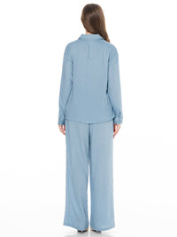 WOMEN'S LONG SLEEVE BUTTON UP BLOUSE & ELASTIC WAIST WIDE LEG PANTS EMBROIDERY DETAILED 2PC. SET