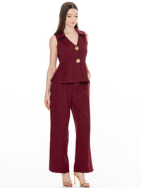 WOMEN'S SLEEVELESS BUTTON UP BLOUSE & BUTTON CLOSURE WIDE LEG PANTS 2PC. SET