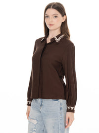 WOMEN'S LONG SLEEVE BUTTON UP EMBROIDERY TRIM DETAILED BLOUSE