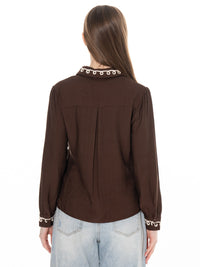 *****PLUS SIZE LONG SLEEVE BUTTON UP EMBROIDERY TRIM DETAILED BLOUSE
