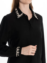 WOMEN'S LONG SLEEVE BUTTON UP EMBROIDERY TRIM DETAILED BLOUSE