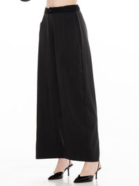 WOMEN'S BUTTON CLOSURE CROCHET WAIST FRONT POCKETS WIDE LEG PANTS