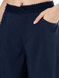 WOMEN'S BUTTON CLOSURE CROCHET WAIST FRONT POCKETS WIDE LEG PANTS