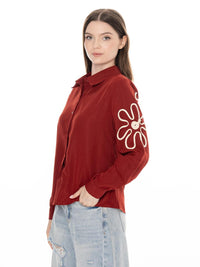 WOMEN'S LONG SLEEVE BUTTON UP EMBROIDERY DETAILED BLOUSE