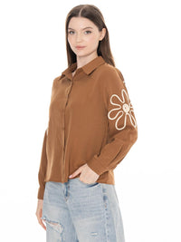 WOMEN'S LONG SLEEVE BUTTON UP EMBROIDERY DETAILED BLOUSE