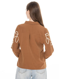 WOMEN'S LONG SLEEVE BUTTON UP EMBROIDERY DETAILED BLOUSE