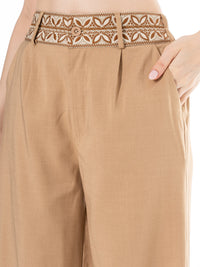 WOMEN'S BUTTON CLOSURE ELASTIC EMBROIDERY WAIST FRONT POCKETS WIDE LEG PANTS