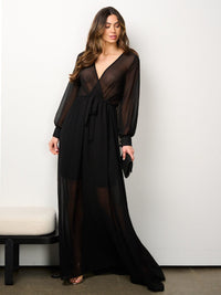 WOMEN'S LONG SLEEVE ELASTIC WAIST SURPLICE MESH MAXI DRESS