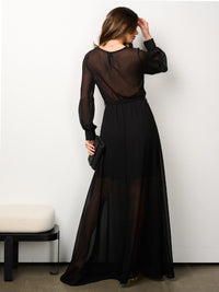 WOMEN'S LONG SLEEVE ELASTIC WAIST SURPLICE MESH MAXI DRESS
