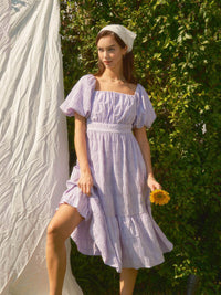 WOMEN'S SHORT PUFF SLEEVE SQUARE NECK POCKETS TIERED PLAID MIDI DRESS