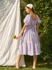 WOMEN'S SHORT PUFF SLEEVE SQUARE NECK POCKETS TIERED PLAID MIDI DRESS