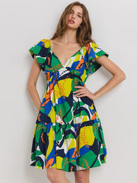 WOMEN'S SHORT SLEEVE V-NECK MULTI PRINT TUNIC MINI DRESS