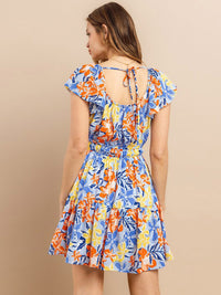 WOMEN'S SHORT SLEEVE ELASTIC WAIST FRONT POCKETS FLORAL MINI DRESS