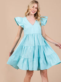 WOMEN'S SHORT RUFFLE SLEEVE TIERED V-NECK POCKETS TUNIC MINI DRESS