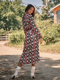 WOMEN'S LONG SLEEVE MOCK NECK MULTI PRINT MAXI DRESS