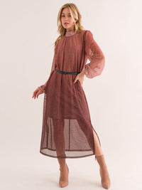 WOMEN'S LONG SLEEVE MOCK NECK BELTED SHIMMER MAXI DRESS