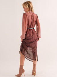 WOMEN'S LONG SLEEVE MOCK NECK BELTED SHIMMER MAXI DRESS