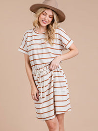 WOMEN'S SHORT SLEEVE FRONT POCKETS ADJUSTABLE WAIST STRIPES MINI DRESS