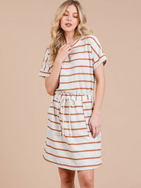 WOMEN'S SHORT SLEEVE FRONT POCKETS ADJUSTABLE WAIST STRIPES MINI DRESS