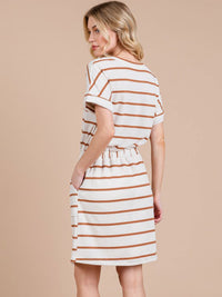 WOMEN'S SHORT SLEEVE FRONT POCKETS ADJUSTABLE WAIST STRIPES MINI DRESS